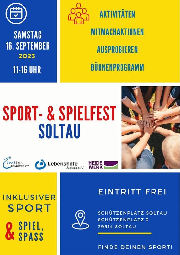 Bild Flyer zum Sport- und Spielfest am 16. September 2023 von 11 bis 16 Uhr auf dem Schützenplatz in Soltau, veranstaltet von Sportbund Heidekreis e.V., Lebenshilfe Soltau e.V. und HeideWerk e.V. 
